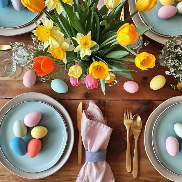 Foto un tavolo da colazione splendidamente sistemato decorazioni pasquali un bouquet di tulipani e narcisi