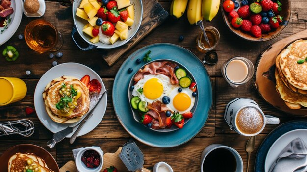 Photo a beautifully arranged brunch table with classics like eggs benedict generative ai