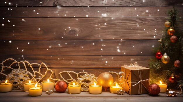 Beautifully Arranged Christmas Candles and Ornaments on Rustic Wooden Table for Fe