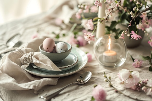 Beautifully arranged Easter table setting Table decor concept Generative AI