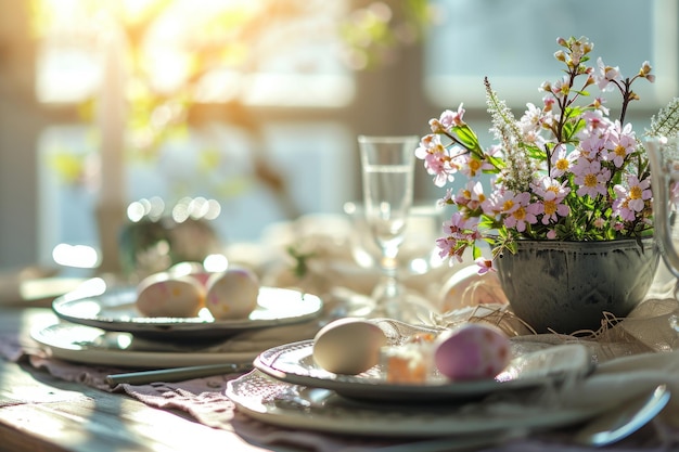 Beautifully arranged Easter table setting Table decor concept Generative AI