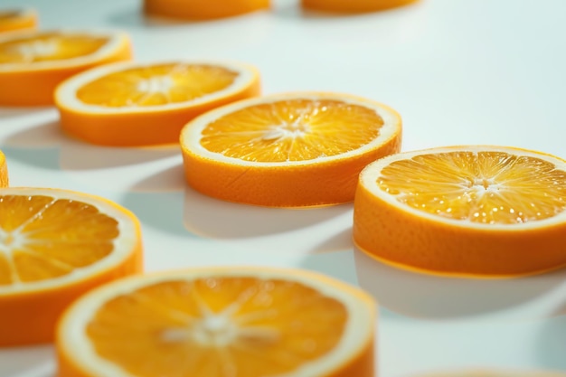 Beautifully arranged fresh healthy sliced oranges with a white background