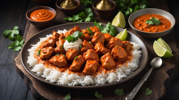 A beautifully arranged plate of chicken tikka masala steaming with rich vibrant colors sits atop