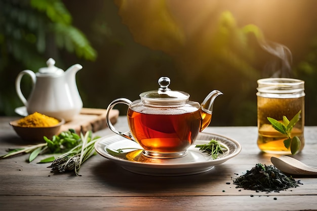 Beautifully arranged tea setting with cup of tea