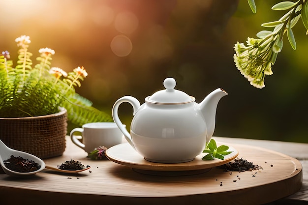 Красиво оформленный чайный сервиз с чашкой чая