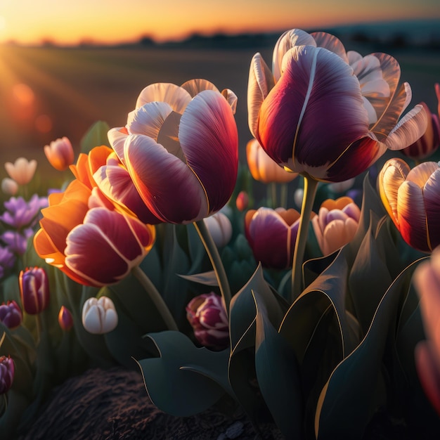 Beautifully colored tulips in spring Generative AI