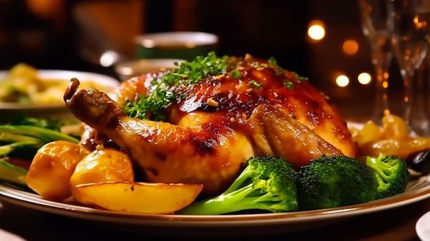 A beautifully cooked golden brown roasted chicken takes center stage on a rustic wooden