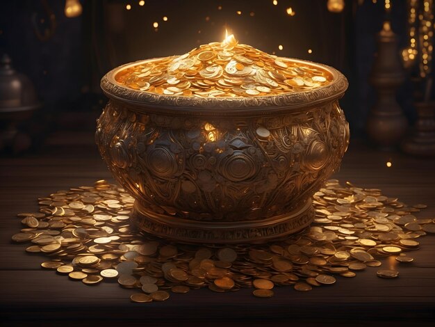 A beautifully crafted gold coin pot overflowing with shimmering coins intricate details and a hin