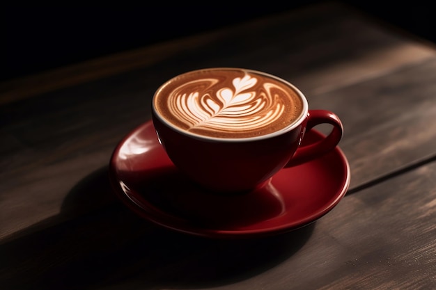 Beautifully crafted heartshaped latte art on dark wood background viewed from above