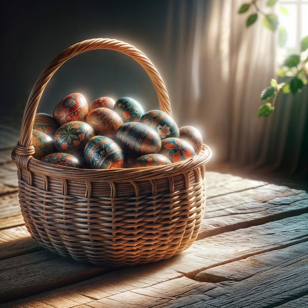 Beautifully crafted wicker basket brimming with intricately painted Easter eggs