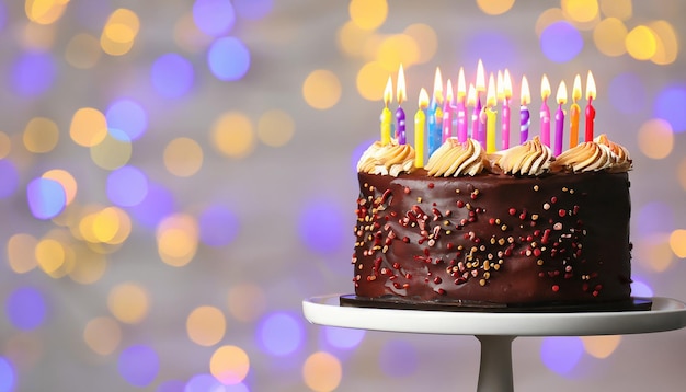 Beautifully decorated birthday cake on stand against blurred festive lights space for text