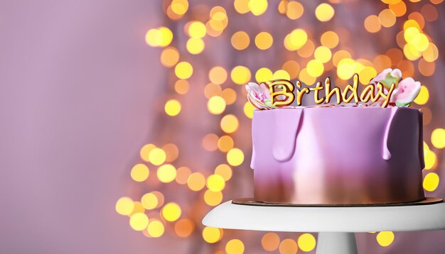 Photo beautifully decorated birthday cake on stand against blurred festive lights space for text