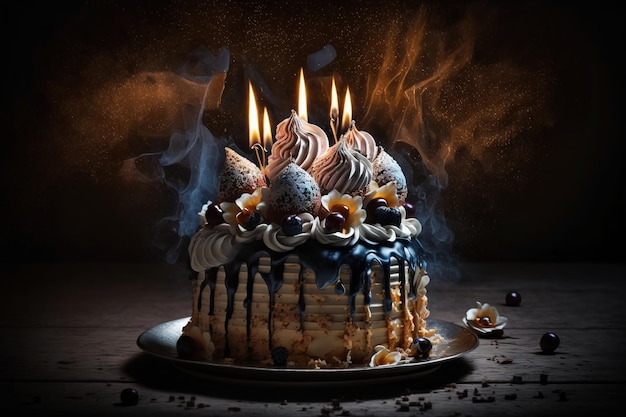 Beautifully decorated birthday cake with burning candles