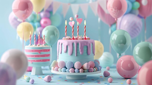 A beautifully decorated birthday cake with pink and blue frosting is the centerpiece of a table covered in colorful balloons and party supplies