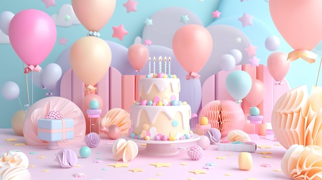 A beautifully decorated birthday party with a cake presents balloons and stars The perfect place to celebrate a special day