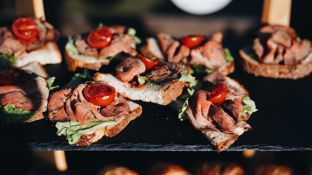 Beautifully decorated catering snacks and appetizers