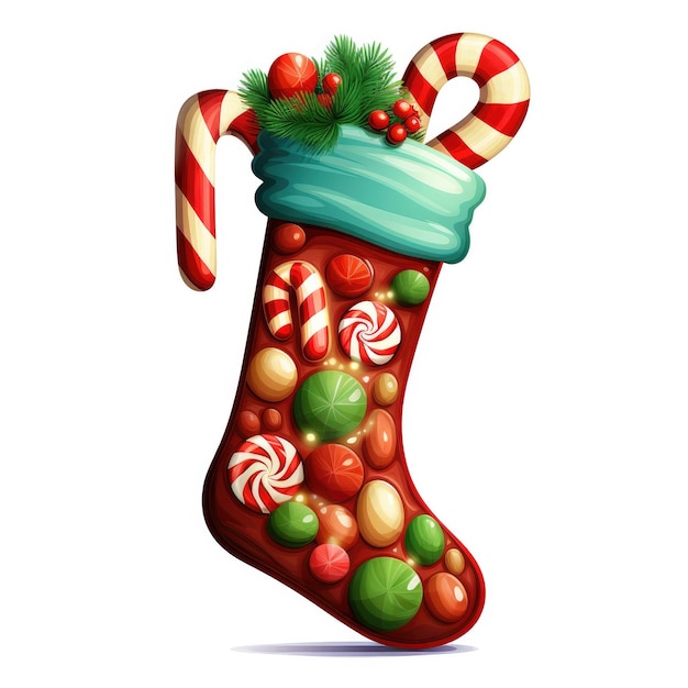 Beautifully decorated Christmas stocking with candies on a white background