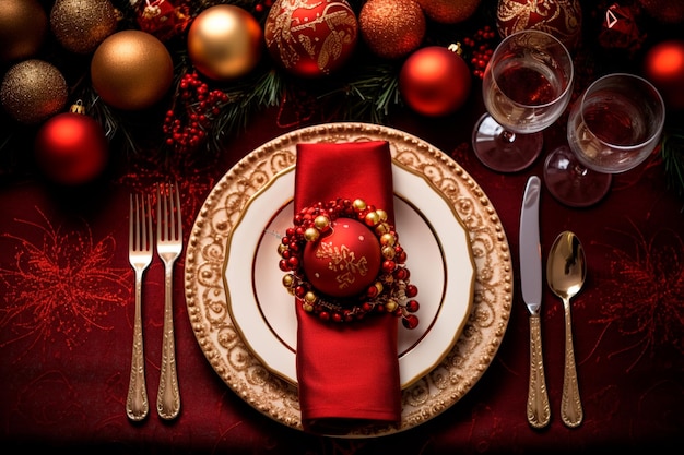 Красиво украшенный рождественский стол для прекрасного семейного рождественского ужина Красное украшение стола