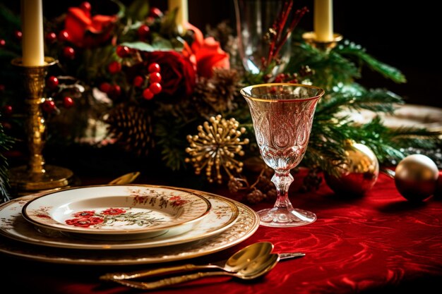 Beautifully decorated Christmas table for a beautiful family Christmas dinner Red table decoration