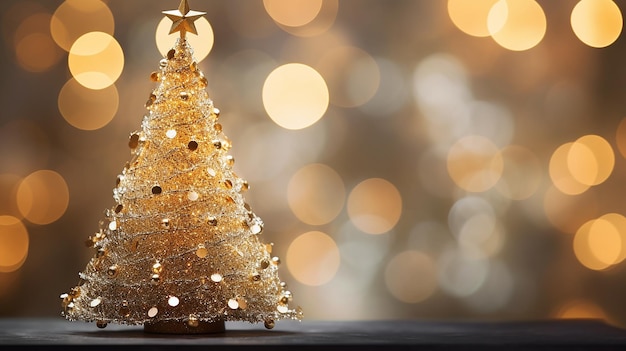 A beautifully decorated Christmas tree adorned with twinkling lights surrounded by a golden bokeh