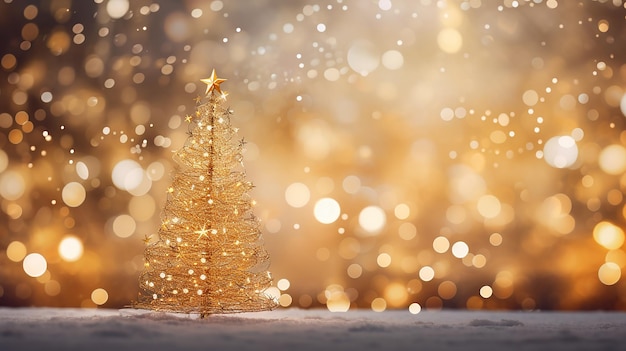 A beautifully decorated Christmas tree adorned with twinkling lights surrounded by a golden bokeh