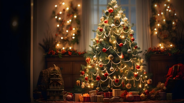 Красиво украшенная рождественская елка горит перед окном.