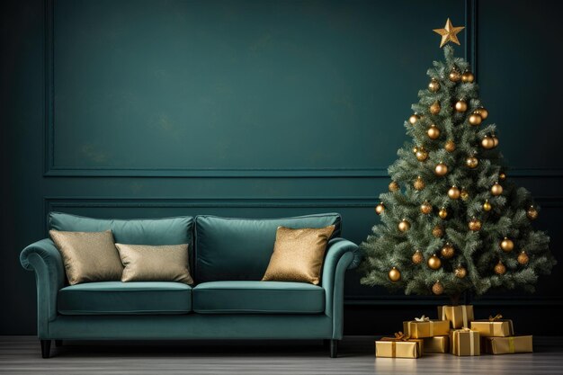 Beautifully decorated Christmas tree indoors on a green background