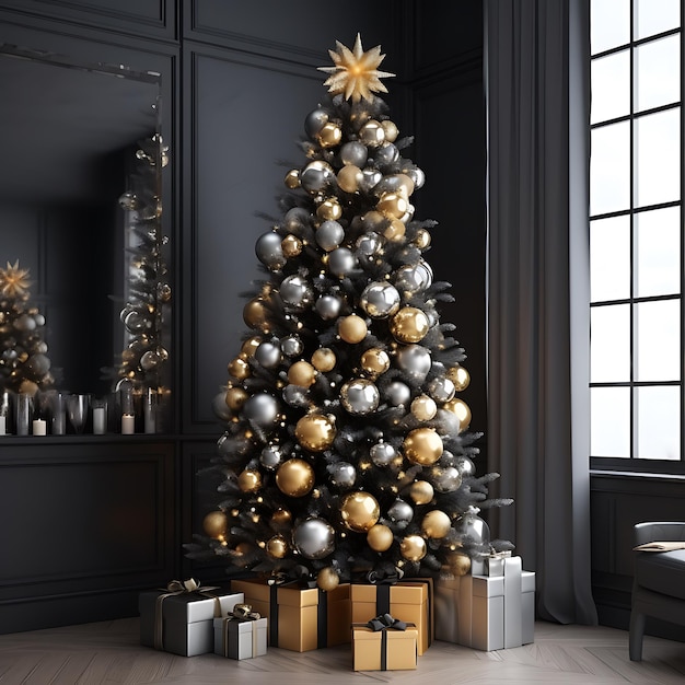 A beautifully decorated Christmas tree in a modern living room the balls of the tree are black gold
