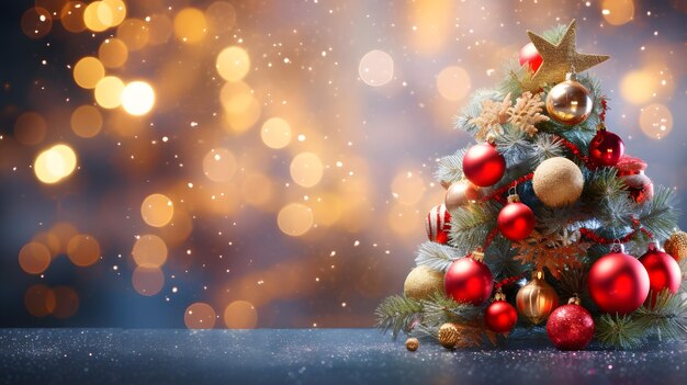 カラフルな装飾品とフェス用の輝く星が上にある美しく装飾されたクリスマス ツリー
