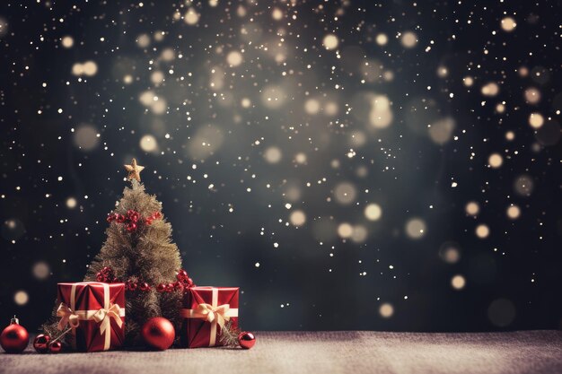 Beautifully decorated christmas tree with gifts on bokeh background with copy space for christmas