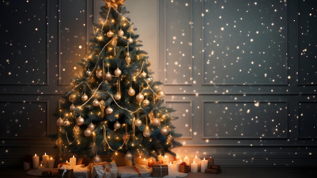 美しく装飾されたクリスマスツリーの下にプレゼントが置かれています