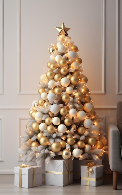 Красиво украшенная новогодняя елка со множеством подарков под ней, созданная с помощью технологии Generative Al