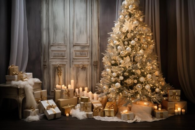 a beautifully decorated Christmas tree with presents and candles