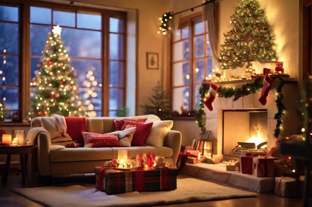 Beautifully decorated Christmas tree in wooden cabin christmas room feel