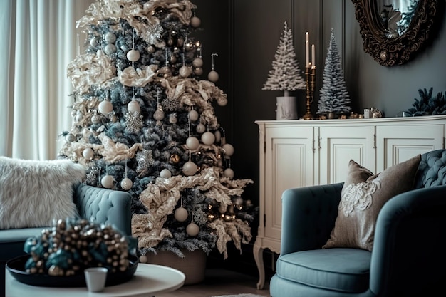 Красиво украшенные елки в гостиной в виде рождественской композиции