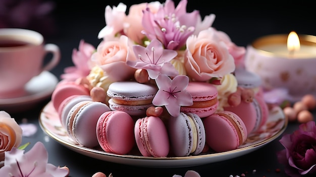 Photo beautifully decorated dessert colorful flowers from marshmallow sweet edible tulips and roses low