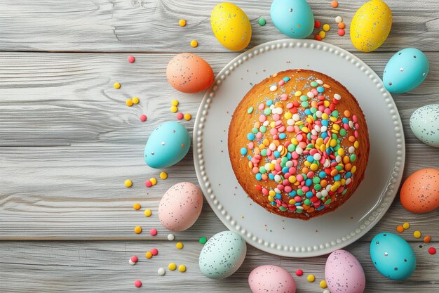 Beautifully decorated Easter cake paired with colorful eggs text space