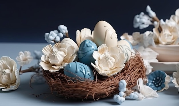 Beautifully decorated Easter eggs with sweets and flowers on beige background Creating using generative AI tools