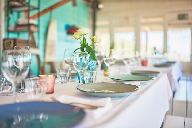 Beautifully decorated interiors of a beach restaurant during the day