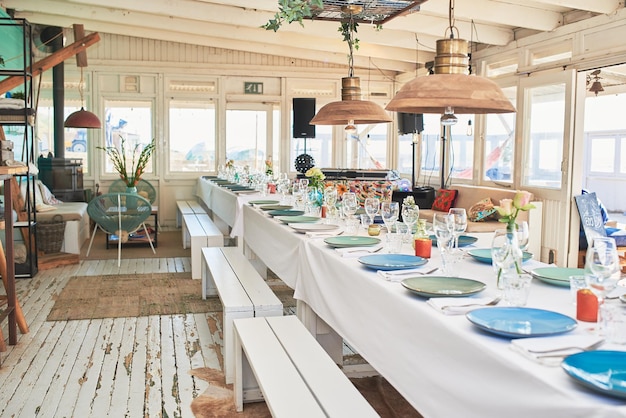 Beautifully decorated interiors of a beach restaurant during the day