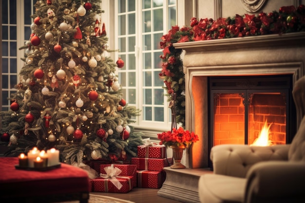 a beautifully decorated living room with a Christmas tree presents and garlands