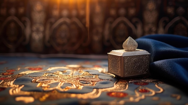 Photo beautifully decorated quran placed on a prayer mat