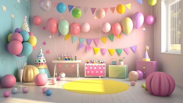 Красиво украшенная комната с пастельными воздушными шарами, лентами и звездами.