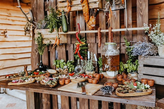 Beautifully decorated snacks on the banquet table before the holiday. Catering food and drink on wedding party