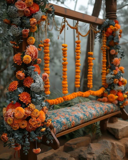 Photo a beautifully decorated swing flowers wallpaper