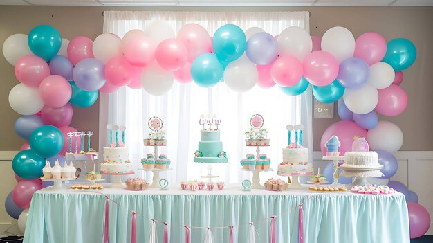 Photo a beautifully decorated table with a cake and other desserts on it