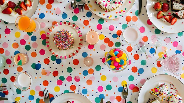 Foto un tavolo splendidamente decorato con una tovaglia a puntini è impostato con piatti tazze e argenteria