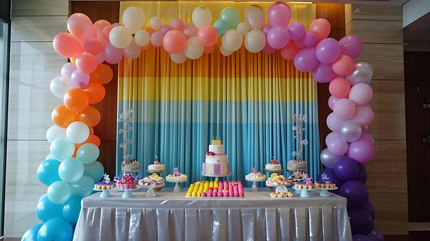 A beautifully decorated table with a rainbow of balloons in the background