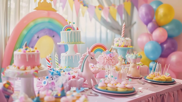 虹のテーマで美しく飾られたテーブルにはケーキカップケーキその他のデザートがテーブルにあります