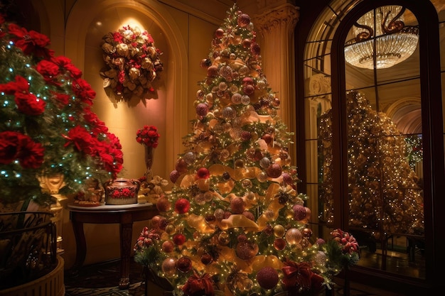 A beautifully decorated tree with twinkling lights and shiny ornaments surrounded by presents